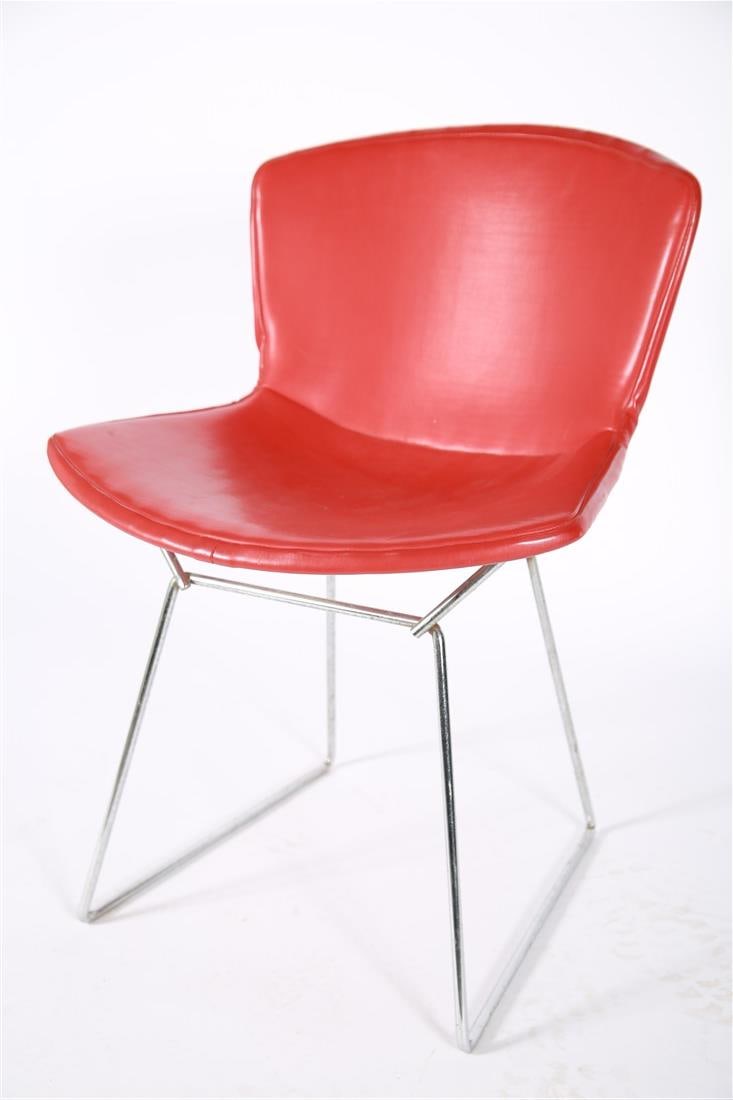 Harry Bertoia for Knoll, Orange Steel Side Chair: Harry Bertoia (American, 1915-1976). Steel, naugahyde cover. Manufactured by Knoll Associates. Height: 30", Length: 21 1/4", Depth: 21". Steel frame side chair with red-orange naugahyde covered seat.