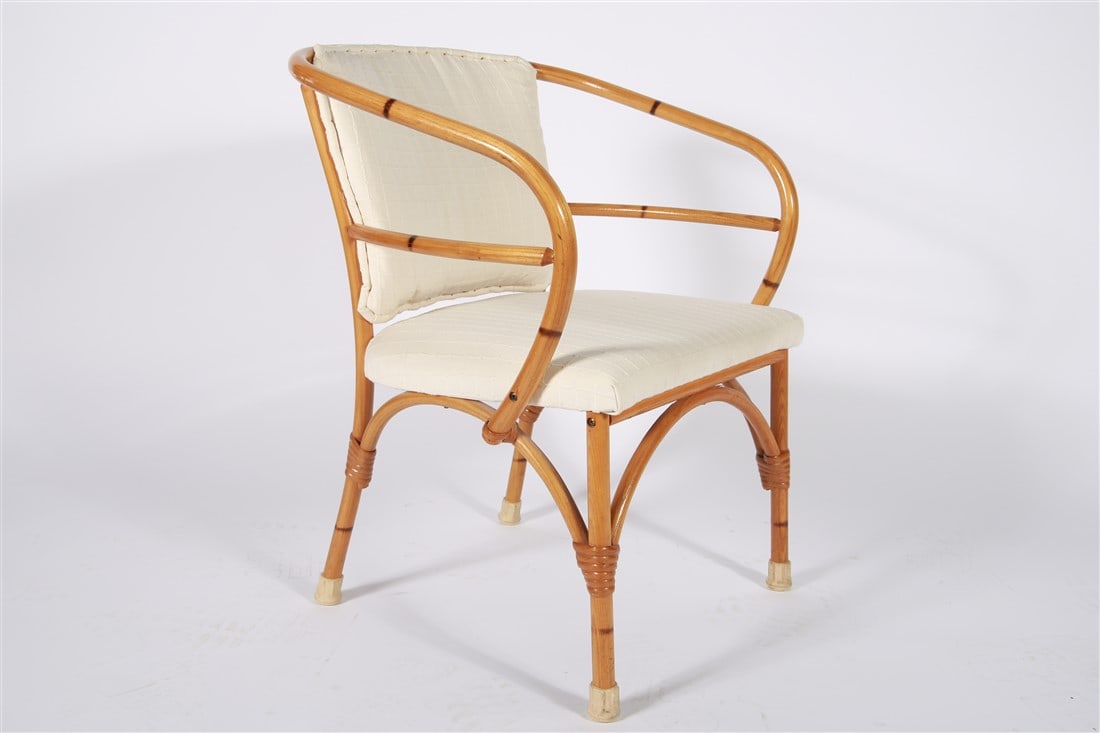 Heywood-Wakefield, Bamboo Side Chair: Heywood-Wakefield (American, established 1897). Bamboo, upholstery. Height: 32 1/4", Length: 26", Depth: 21". Heywood-Wakefield bamboo style side chair with cream upholstered cushions. Marked with lab