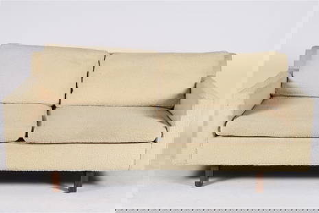Edward Wormley for Dunbar, Loveseat: Edward Wormley. Wood, upholstery. Designed for Dunbar. Height: 28", Length: 68", Depth: 35". Cream textured upholstered sofa by Dunbar. Four cushions. Dunbar logo webbing.
