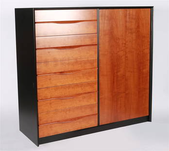 Danish Teak Veneer Gentleman's Chest: Teak veneer. Height: 48", Length: 51", Depth: 19". Teak veneer gentleman's chest or dresser consisting of five drawers on the left side with a door on the right side which opens to reveal three interi