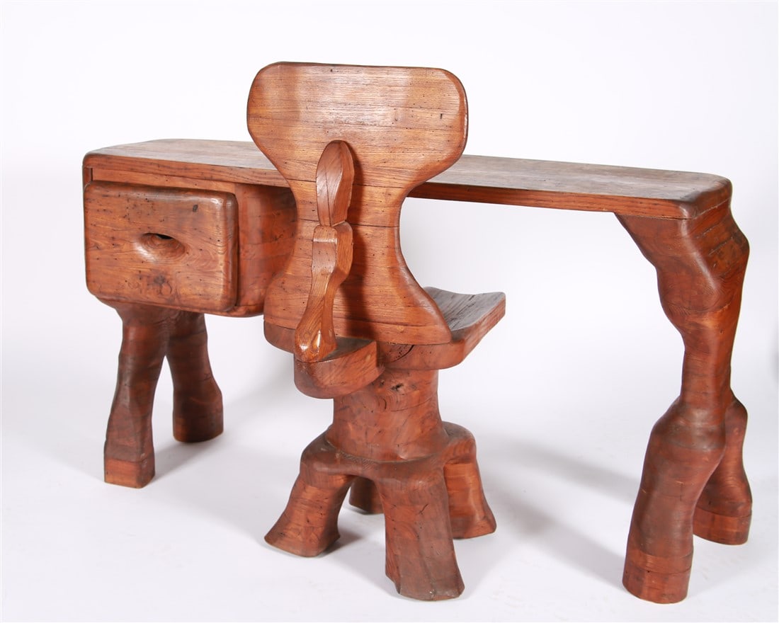Custom Organic Carved Wood Desk with Chair: Carved wood. Desk: Height: 29", Length: 51", Depth: 19". Chair: Height: 36 1/4", Length: 14 1/2", Depth: 24". Custom-made organic carved wood desk with matching chair. Desk with one drawer. Chair on c