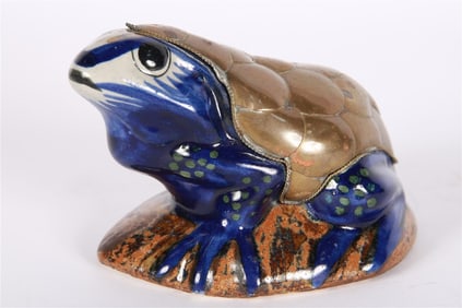 Mexican Tonala Pottery and Brass Frog Figurine