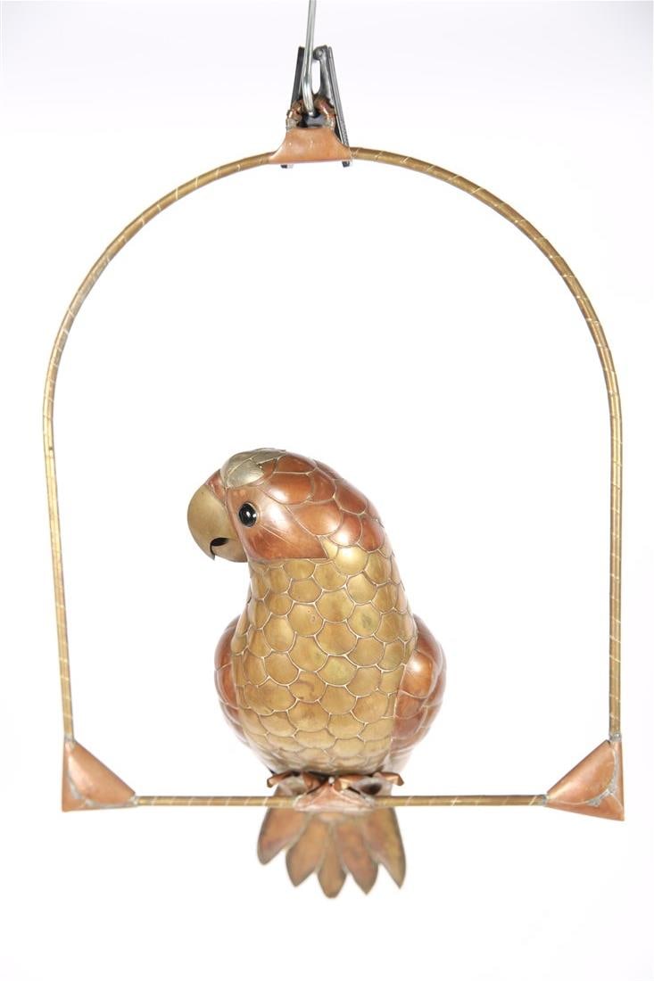 Attrib. Sergio Bustamante, Small Brass Bird: Attributed to Sergio Bustamante (Mexico, b. 1949). Brass, metal. Height (including stand): 14 1/2", Length (stand): 9 3/4", Depth: 6". Brass small bird sculpture mounted on an arc stand. Bird comes of