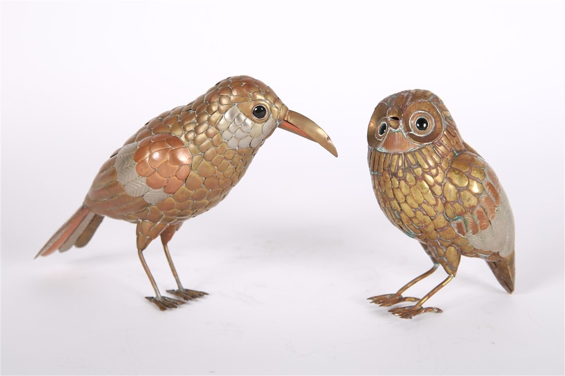 Carlos del Conde (Mexican), Two Metal Birds: Carlos del Conde (Mexican, 20th century). Brass, copper, metal. . Taller bird: Height: 5 1/2", Length: 9", Depth: 3". Shorter bird: Height: 5 1/4", Length: 4", Depth: 3". Two metal bird figurines by C