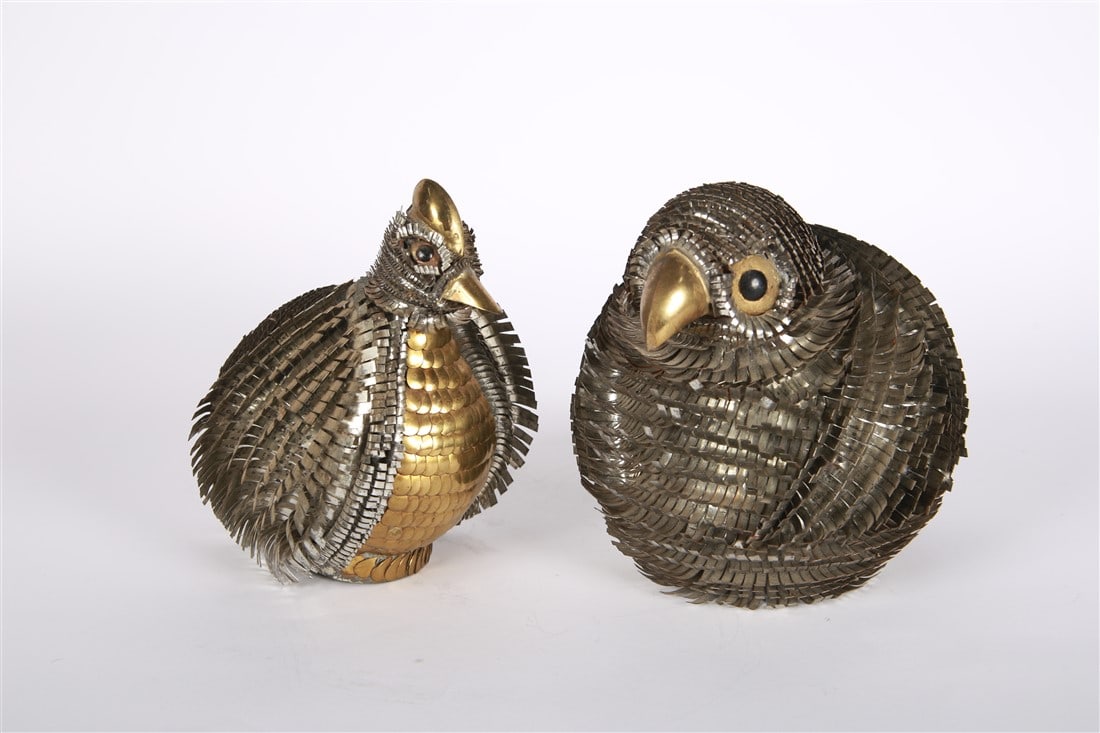 Sergio Bustamante, Two Cut Metal Birds: Sergio Bustamante (Mexican, b. 1949). Welded and cut brass and metal. Taller bird: Height 6 1/2", Diameter: 7 1/2". Shorter bird: Height: 6 1/4", Diameter: 5". Two cut and welded metal sculptures in t