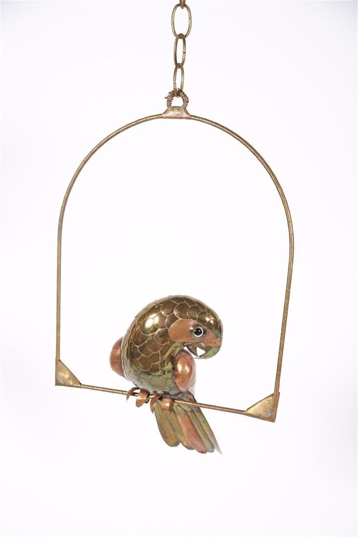 Attrib. Sergio Bustamante, Small Brass Bird: Attributed to Sergio Bustamante (Mexico, b. 1949). Brass, metal. Height (including stand): 17 1/2", Length (stand): 11 1/4", Depth: 6". Brass bird sculpture mounted on an arc stand. Bird comes off of