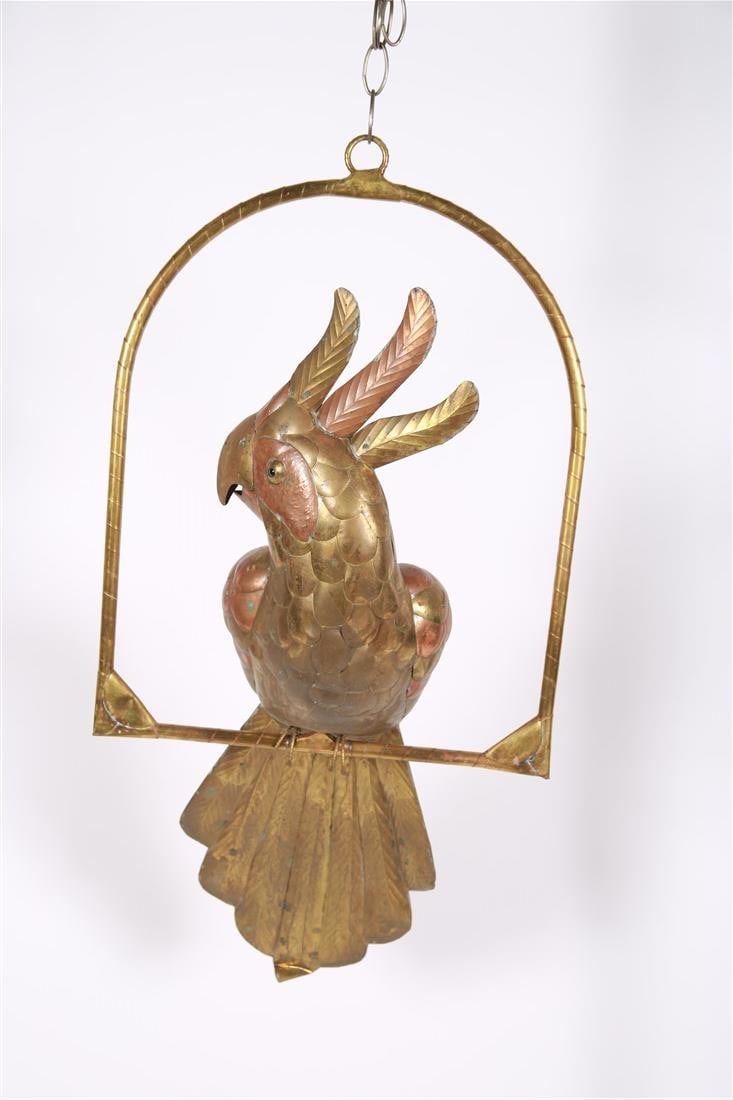 Attrib. Sergio Bustamante, Brass Cockatoo: Attributed to Sergio Bustamante (Mexico, b. 1949). Brass, metal. Height (including stand): 31", Length (stand): 15 1/4", Depth: 11". Brass cockatoo bird sculpture mounted on an arc stand. Bird comes o