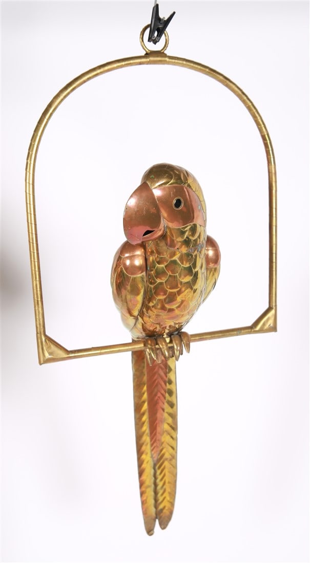 Attrib. Sergio Bustamante, Brass Parrot: Attributed to Sergio Bustamante (Mexico, b. 1949). Brass, metal. Height (including stand): 31 1/2", Length (stand): 15 1/4", Depth: 10". Brass parrot sculpture mounted on an arc stand. Bird comes off