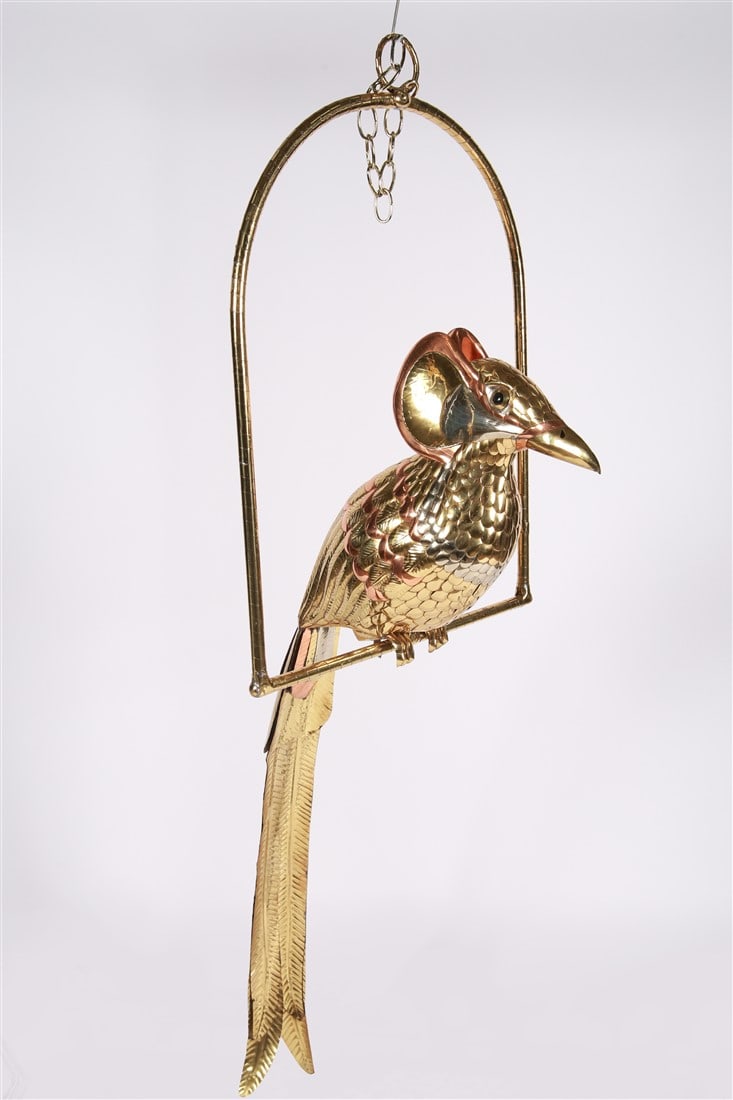 Sergio Bustamante, Large Shiny Copper/Brass Bird: Sergio Bustamante (Mexican, b. 1949). Brass, copper. Edition: 96/100. Height (including perch): 61" (not including extension), Length: 13 1/2", Depth (including perch): 19". Brightly shining brass and