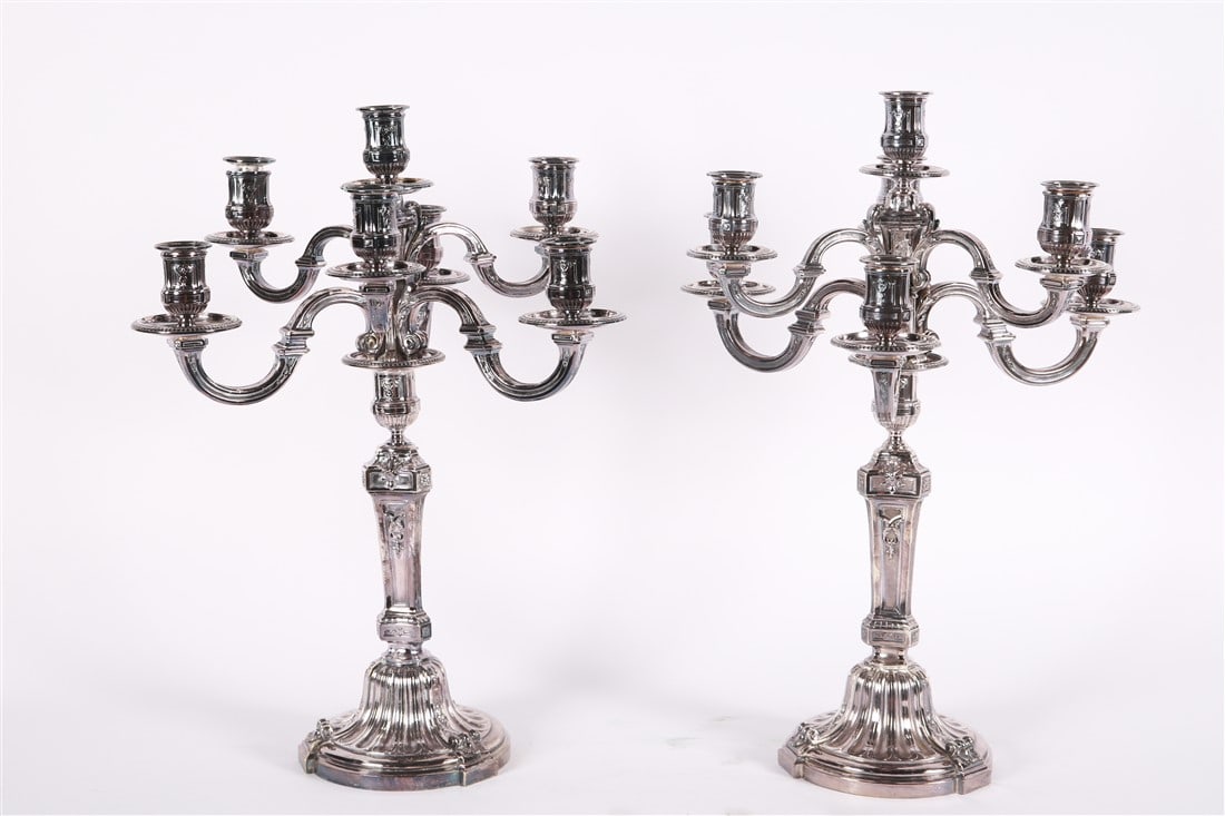 Puiforcat, Pair of Six-Arm Candelabras: Puiforcat (French, established 1820). Silver plate. Height: 22 1/4", Diameter: 15 1/2". Pair of silver plated candelabra. Two-piece construction. Marked to the outer rim on the base.