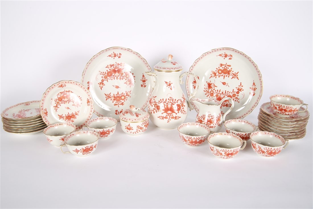 Meissen, Orange "Indian Flower" Coffee Set: Meissen (German, established 1710). Orange "Indian Flower" set. Porcelain, c. 1947-73. 29 pieces. Collection of twenty-nine (29) pieces of Meissen "Indian" or "Indian Flower" porcelain china in the or