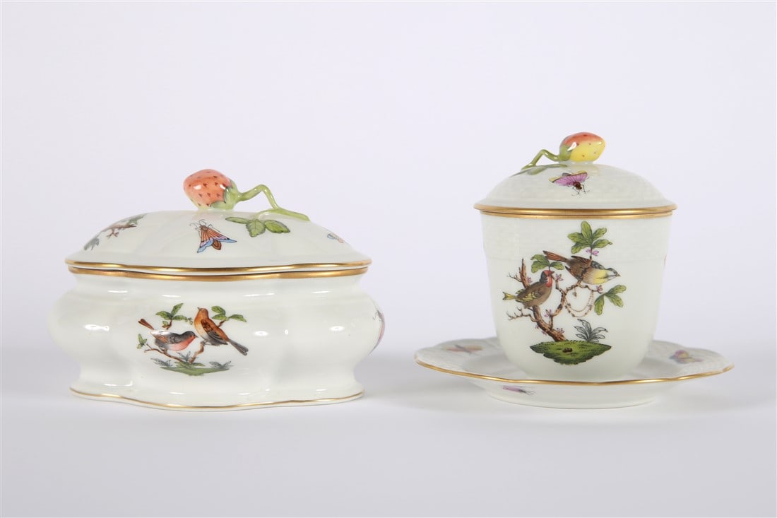Herend, "Rothschild Bird" Strawberry Finial Pieces: Herend Porcelain (Hungarian, established 1826). "Rothschild Bird" pattern. Porcelain. Taller piece: Height: 4", Diameter: 5". Shorter piece: Height: 3 1/4", Length: 5 1/4", Depth: 4". Two Herend "Roth