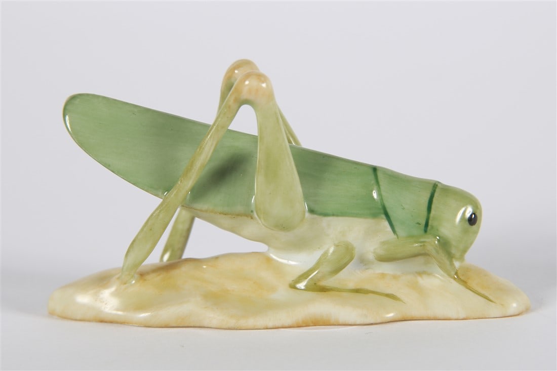 Herend, Porcelain Grasshopper Figurine: Herend Porcelain (Hungarian, established 1826). Porcelain. Height: 1 1/2", Length: 3 1/8", Depth: 3/4". Herend porcelain grasshopper figurine. Marked with Herend insignia to the reverse.
