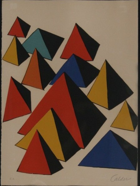 After Alexander Calder (1898-1976), Pyramids: After Alexander Calder (American, 1898-1976). Pyramids. Color lithograph. Signed lower right, marked lower left "E.A". Paper 27" x 20 1/2", frame 40" x 30".