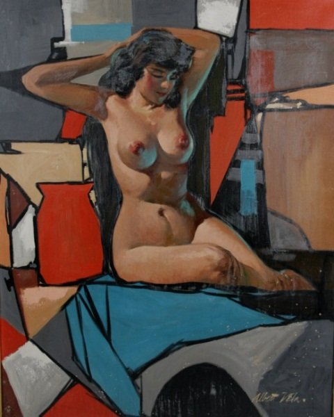 Albert Vela (20th C.), Seated Nude: Albert Vela (20th century). Seated nude back by abstract color blocks in reds, blues, and browns with white and grey highlights. Oil on canvas. Signed lower right "Albert Vela". Image 46" x 35 1/2", f