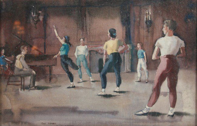 Paul Starrett Sample (1896-1974), "Rehearsal": Paul Starrett Sample (American, 1896-1974). "Rehearsal". Watercolor on paper. Signed "Paul Sample", "Ballet Theatre, NY" lower left, dated "1948". Image 16" x 24", frame 21" x 29".
