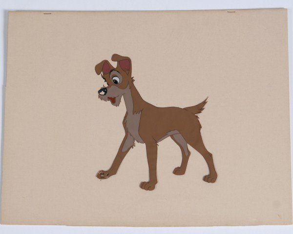 Walt Disney Lady and the Tramp Celluloid, Tramp: Walt Disney Lady and the Tramp celluloid. Depicting Tramp. Gouache on celluloid. Reverse bears label. 9" x 12".
