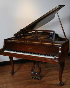 Steinway and Sons Mahogany Baby Grand Piano: Steinway and Sons mahogany baby grand piano. Model S, serial number 307890. With a Georgian style mahogany bench. Height 38", width 56 1/2", depth 5'1".