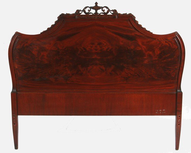 Federal Style Mahogany Double Bed w/ Urn, 20th C.: Federal style mahogany double bed. 20th century. The headboard is mounted with an urn. Height 50", width 58".