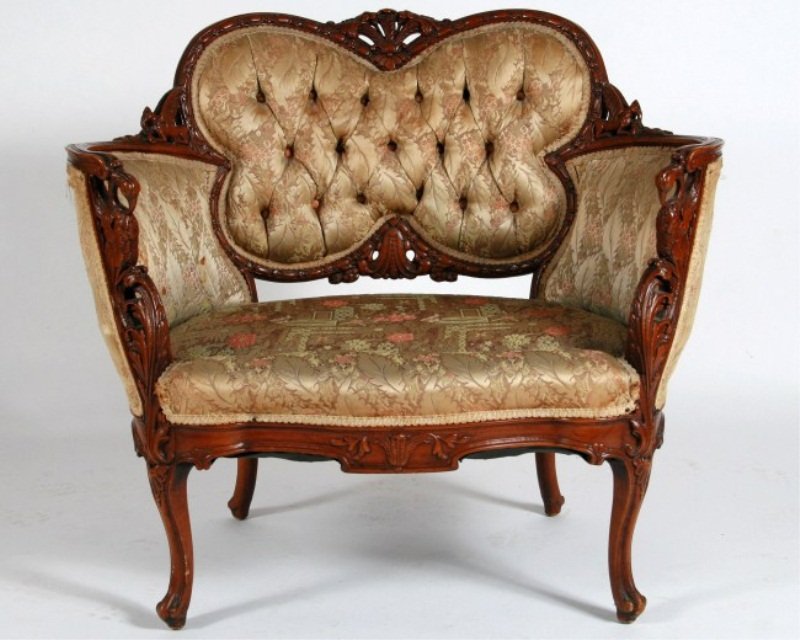 Louis XV Style Slipper Arm Chair, 20th C.: Louis XV style carved and upholstered slipper arm chair. 20th century. Height 32", width 35 1/2", depth 26".