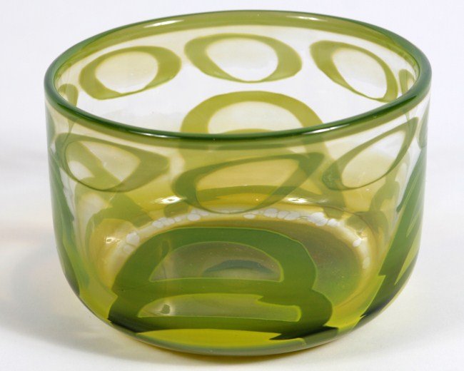 Orrefors Glass Bowl, Designed by Ingebord Lundin: Orrefors glass bowl. Swedish, 20th century. Designed by Ingebord Lundin. With green circular motif. Signer under foot and numbered "441-70". Height 5 1/2", diameter 8 1/4".