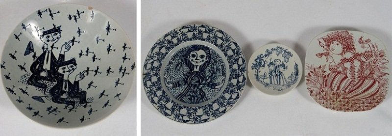 Four Pieces of Nymolle Pottery, 20th C.: Four pieces of Nymolle pottery. Danish, 20th century. Designed by Bjorn Wiinblad. A bowl, two plates and a saucer.