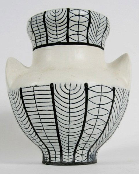 Mid-Century Pottery Urn by Roger Capron: Mid-century pottery urn by Roger Capron (French, 1906-1983). Baluster form with bracket handles and incised black decoration. Signed under foot and marked "Vallauris", "13/0". Height 13 1/2", diameter