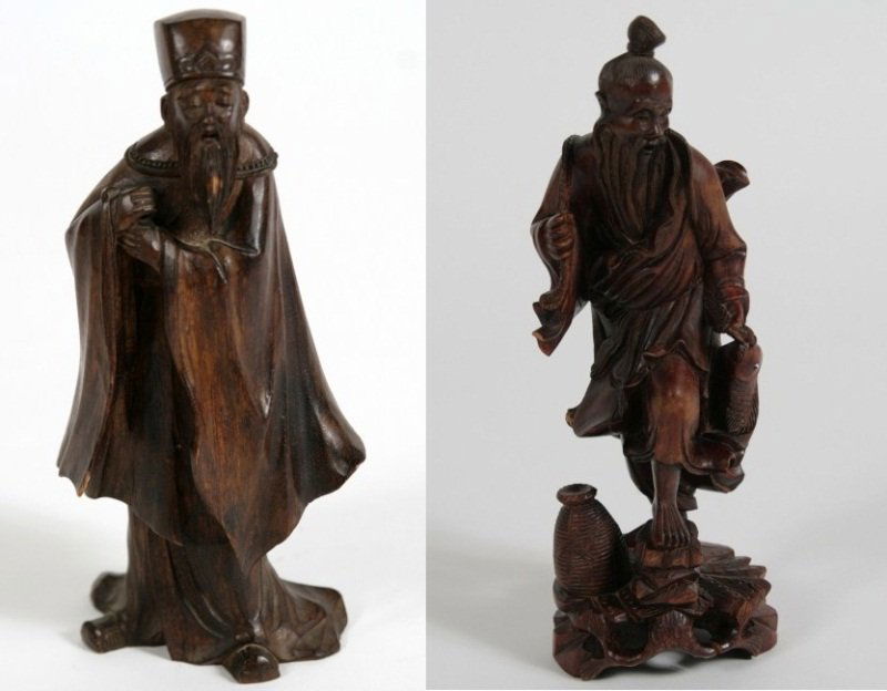 Two Carved Hardwood Figures, 20th C.: Two carved hardwood figures. Chinese, 20th century. Including a fisherman and a man in a robe. Height 12" and 9".