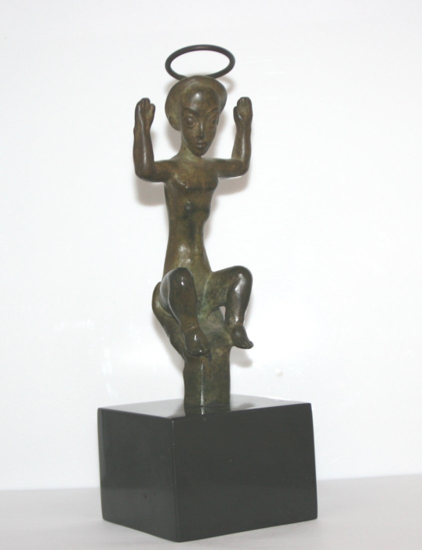 Marshall Fredericks (1908-1998), Mother and Child: Marshall Fredericks (American, 1908-1998). "Mother and Child". Bronze. Child raised on a hand. Figure from Frederick's "Saints and Sinners" fountain at Oakland University. Signed on the back. Height 7