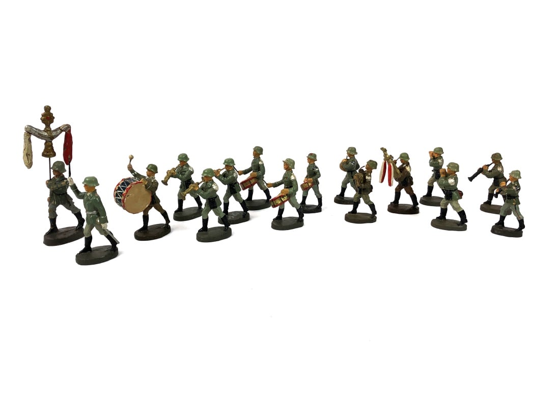 16 Hausser / Elastolin Marching Band Figurines: Vintage painted metal figurines produced by the O&M Hausser Company.