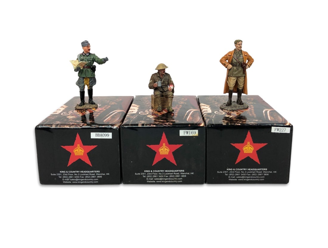 Set of Three King & Country Figure Sets 3: Set includes: #FW227 - Squadron Commander The Lord Flasheart # FW169 - Sitting Wounded Tommy # FOB020 Soldier Standing with Map (Wrong Box) Painted metal.