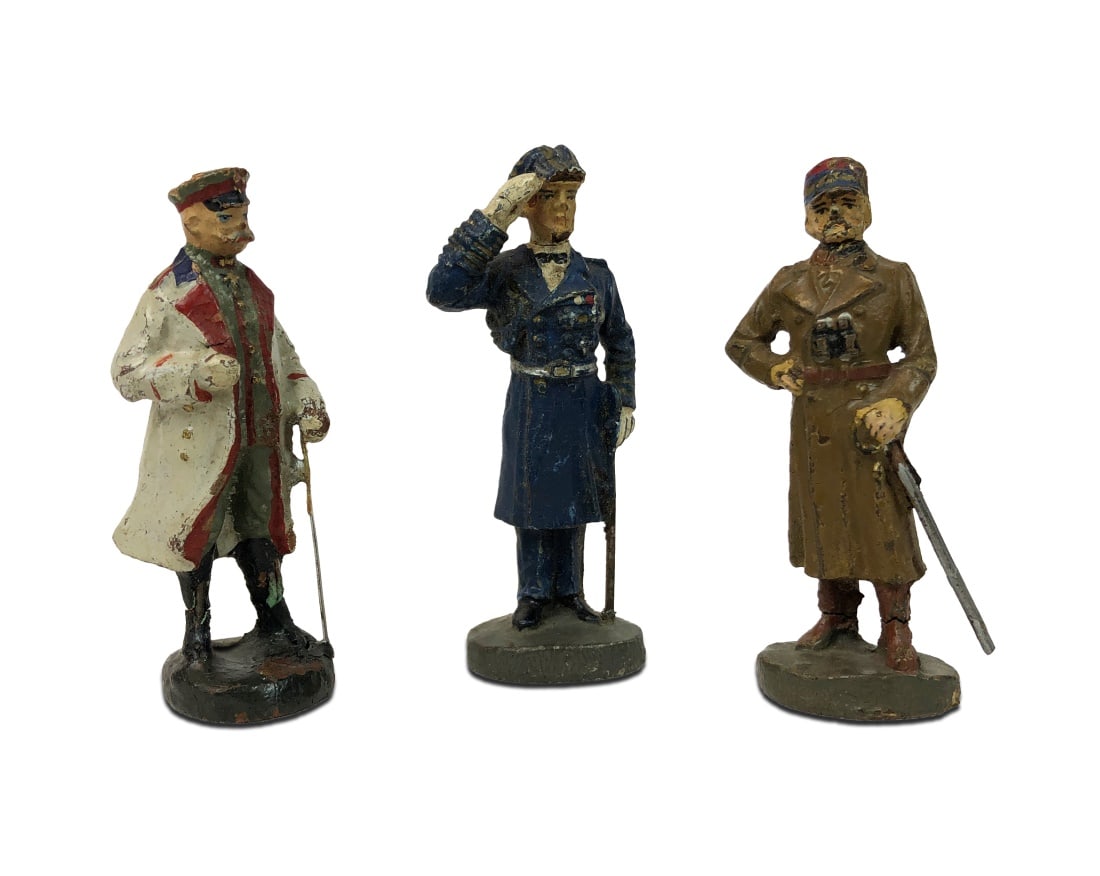 Set of 3 Elastolin / Hausser Figurines: Set includes: Admiral Raeder Field Marshal Hindenburg Unknown figure. Painted metal. No original box included.