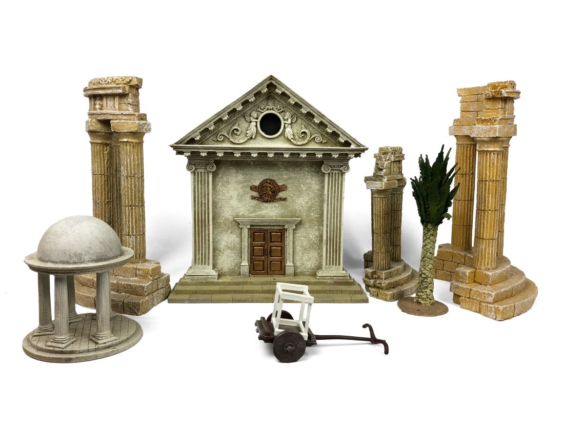 Lot of Seven Roman Diorama Scenery: Painted resin. Unbranded. Includes: Temple / Building entrance facade, shrine, three sets of columns, small palm tree.