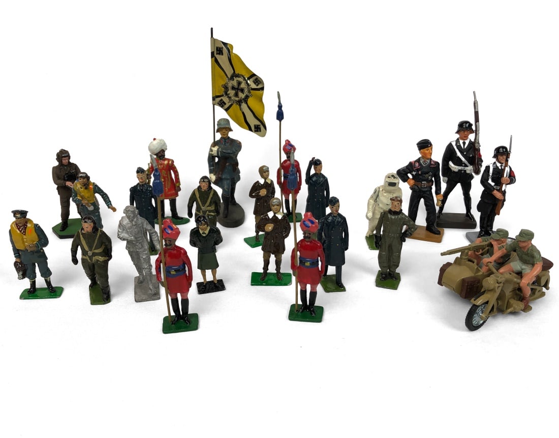 Set of 23 Various Soldier Figurines: Includes mostly figures by W. Britains, with others. Most are painted metal. The motorcycle figure is plastic.