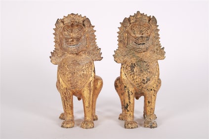Pair of Gilt Metal Foo Dog Sculptures