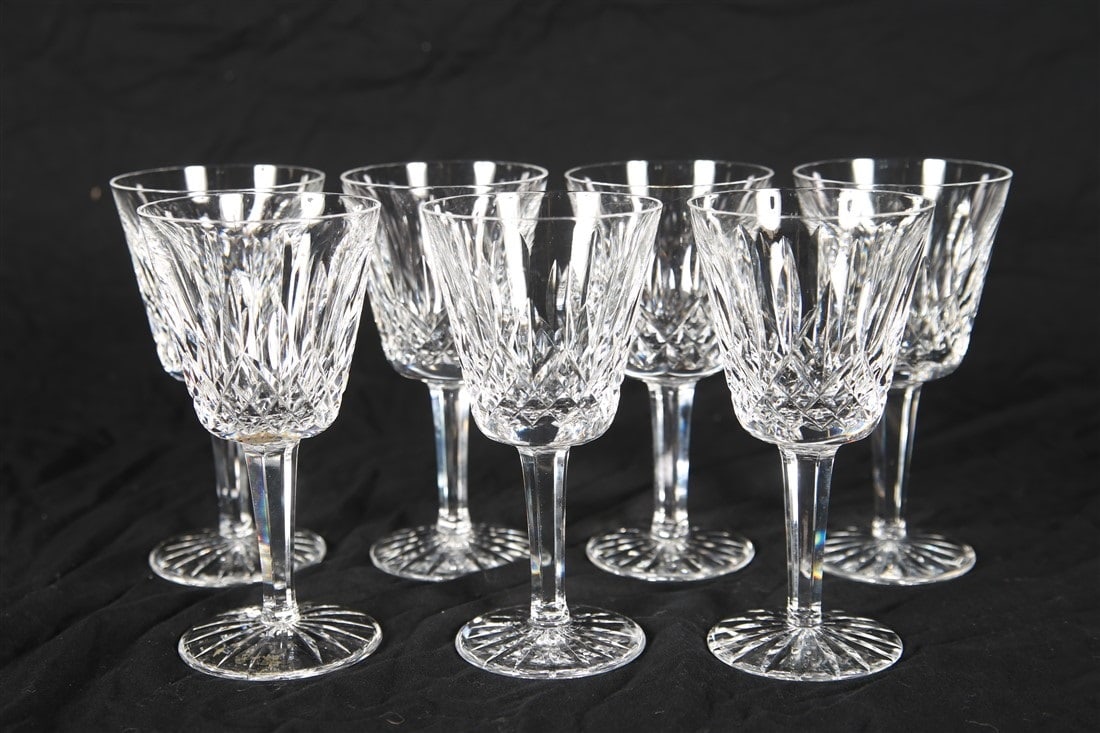 Waterford, Set of Seven "Lismore" Claret Glasses: Waterford (Irish, established 1783). "Lismore". Crystal. Height: 6". Set of seven Waterford "Lismore" crystal claret glasses. Etched Waterford insignia to the undersides.