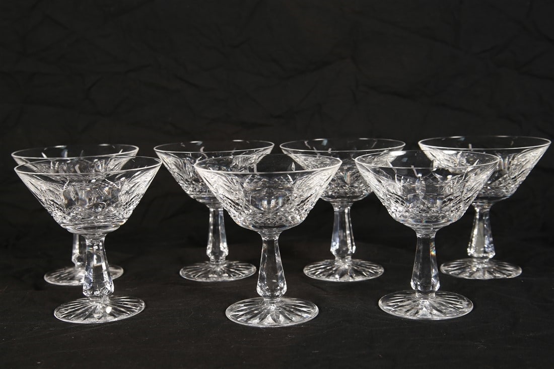 Waterford, Seven "Kenmare" Champagne/Sherbets: Waterford (Irish, established 1783). "Kenmare". Crystal. Height: 4 3/4". Set of seven Waterford "Kenmare (Cut)" crystal champagne/tall sherbet glasses. With etched Waterford insignia.