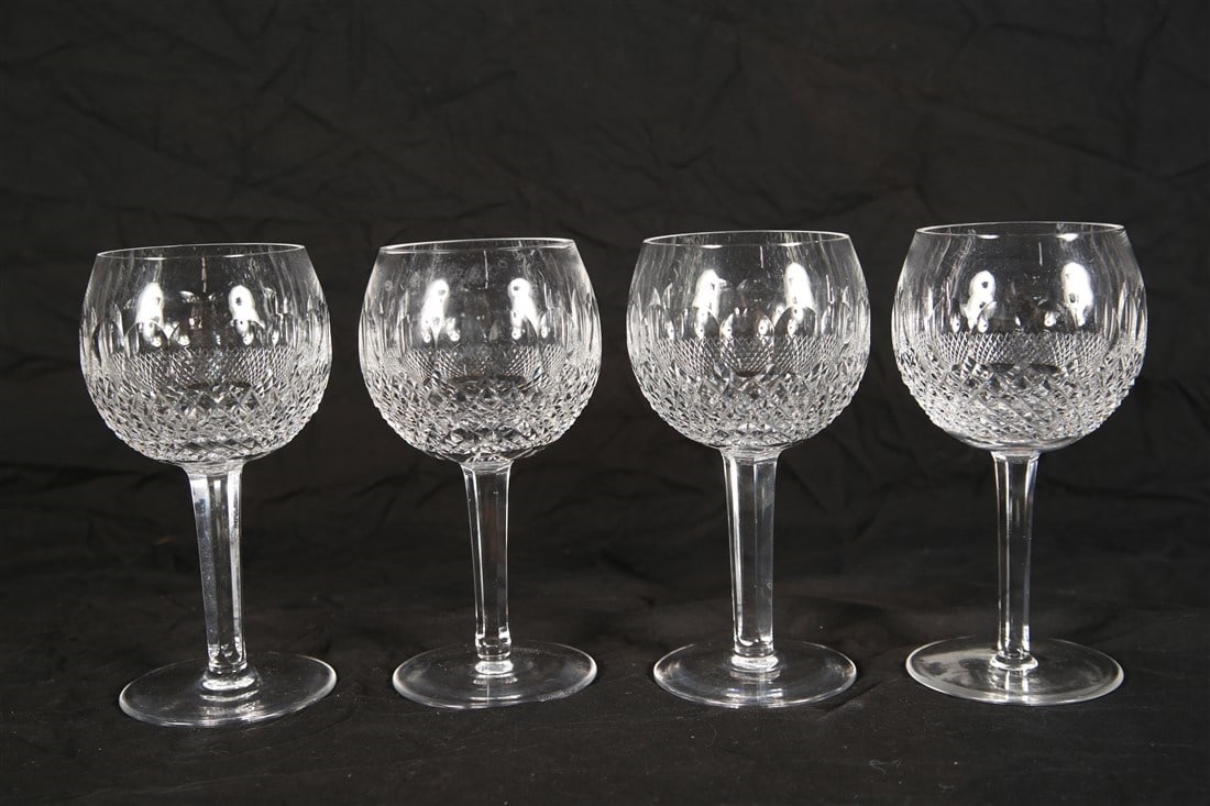 Waterford, Set of Four "Colleen" Oversized Wine: Waterford (Irish, established 1783). "Colleen Short Stem". Crystal. Height: 7 3/4". Set of four Waterford "Colleen Short Stem (Cut)" oversized crystal wine goblets. Marked with etched Waterford insign