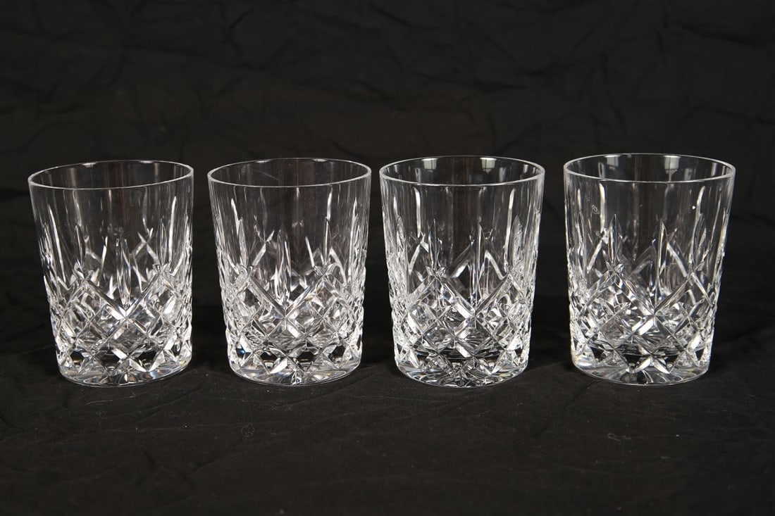 Waterford, Four "Araglin" Double Old Fashioneds: Waterford (Irish, established 1783). "Araglin". Crystal. Height: 4 3/8". Set of four Waterford "Araglin" double old fashioned glasses. Marked with the etched Waterford insignia.