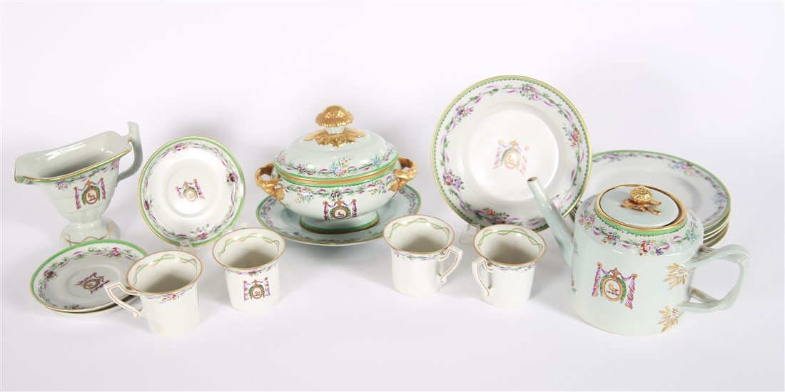 Mottahedeh Reproduction Lowestoft Porcelain: Mottahedeh (American, established 1924). Porcelain. Largest: Height: 6", Length: 10", Depth: 5". Smallest: Diameter: 5 3/8". Mottahedeh reproduction Lowestoft porcelain service consisting of seventeen