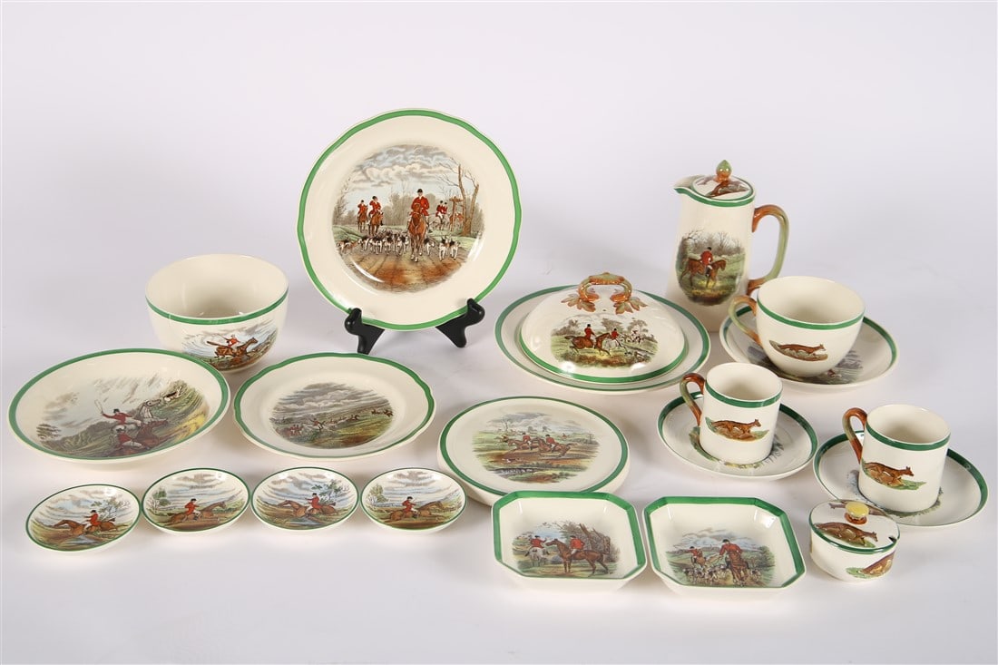 Copeland Spode, Hunt Scene Partial China Service: Copeland Spode. Porcelain. Twenty (20) pieces of Copeland Spode china in a pattern depicting a hunt scene. Set includes: one (1) 7 5/8" plate, 1 (1) 6 1/4" plate, one (1) 6 3/8" bowl, one (1) 5 7/8" b