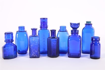 Collection of Nine Cobalt Blue Bottles