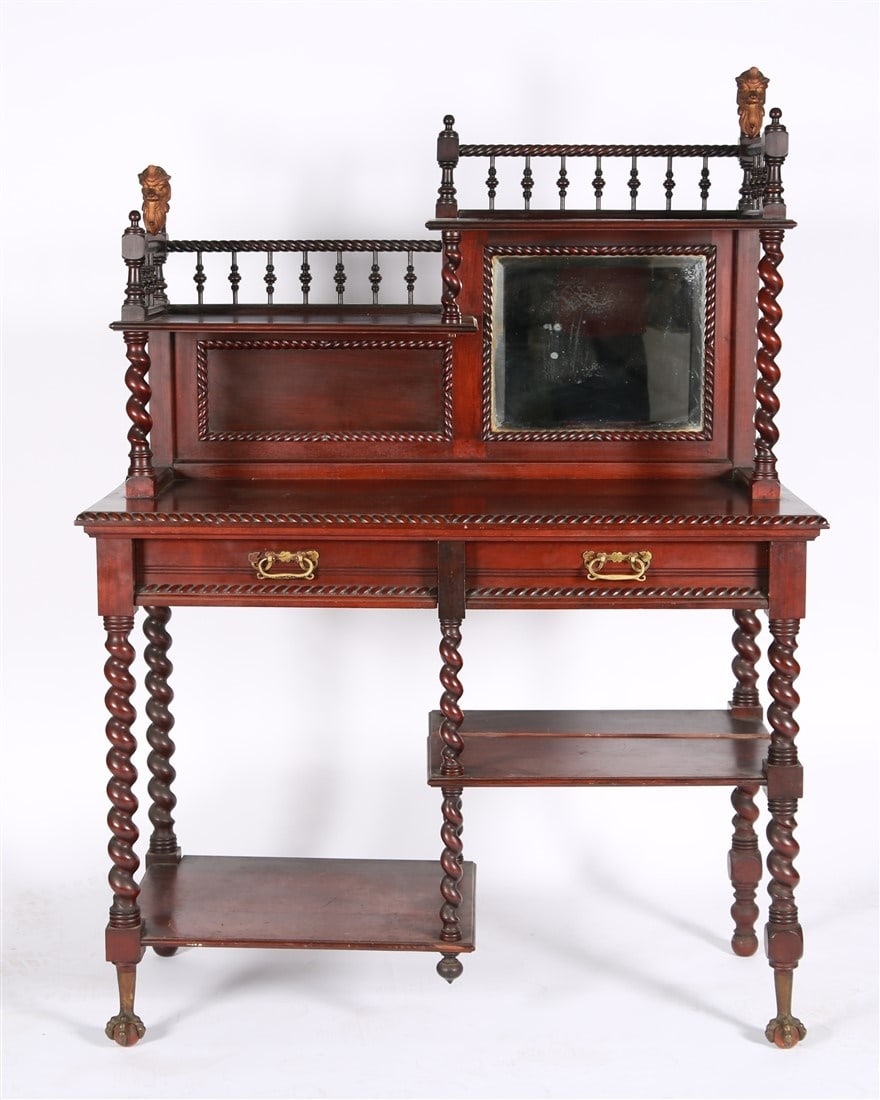 Barley Twist Mirrored Server Hutch: Carved wood, metal, glass. Height: 64", Length: 47", Depth: 20". Carved wood hutch server with beveled mirror panel, two drawers, and barley twist elements. Two metal gryphons are attached as finials 