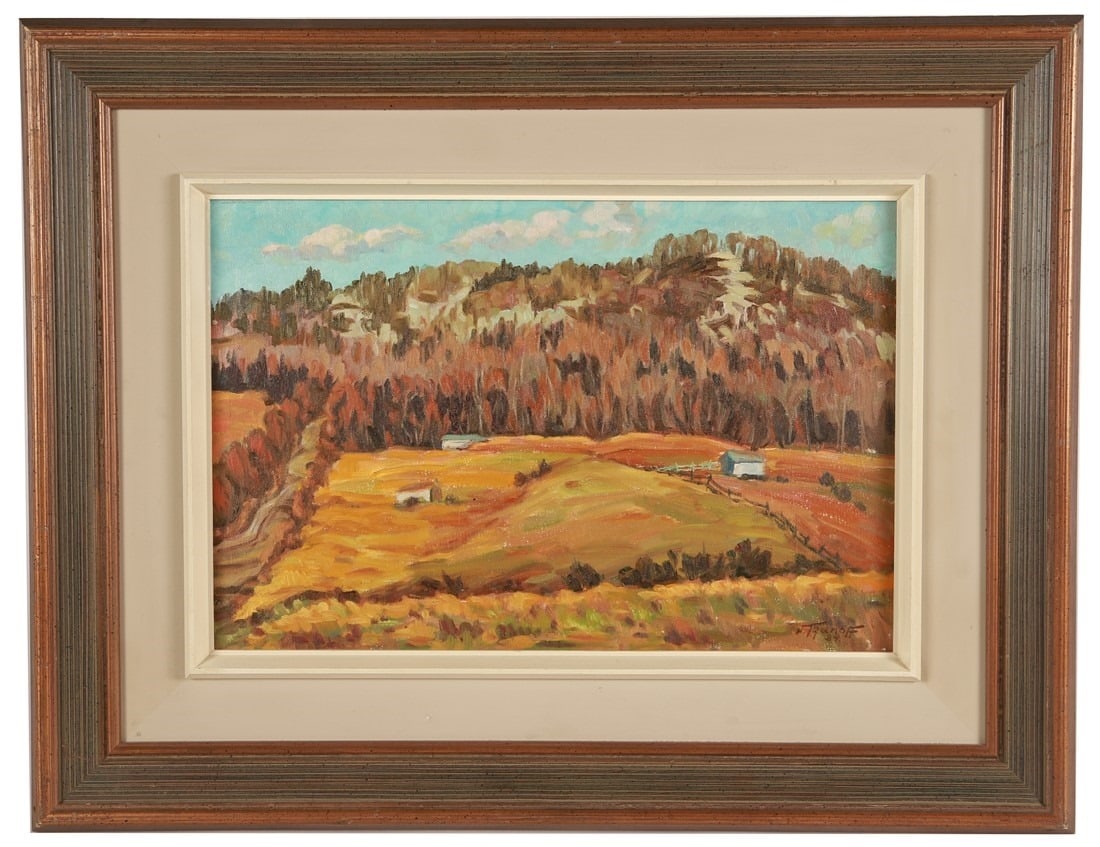 Nikos Tzanoff, "Bromont" Oil on Canvas: Nikos Tzanoff (Russian, 1903-2005). "Bromont, Montreal". Oil on canvas, 1984. Frame: 21" x 26 3/4". Sight: 11 1/2" x 17 1/2". Oil on canvas depicting Bromont Mountain in Montreal, Canada. Signed and d