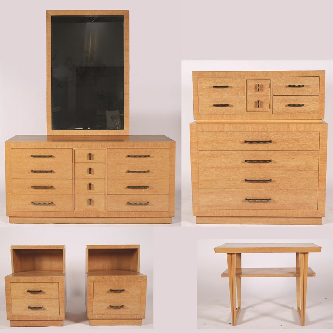 Robinson Furniture, Blonde Bedroom Set: Robinson Furniture Company (American, 1953-1968). Wood, wood veneer, metal, glass. Chest: Height: 47 3/4", Length: 41 1/4", Depth: 20". Dresser: Height: 32", Length: 64 1/2", Depth: 20". Nightstands: