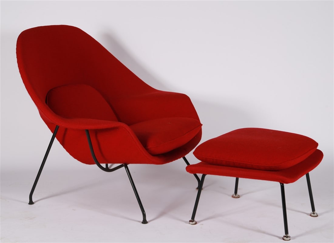Eero Saarinen for Knoll, Womb Chair and Ottoman: Eero Saarinen (American, 1910-1961). "Womb" chair and ottoman. Upholstery, metal, c. 1961-1970. Designed for Knoll. Chair: Height: 36 1/2", Length: 39", Depth: 30". Ottoman: Height: 16 1/2", Length: 2