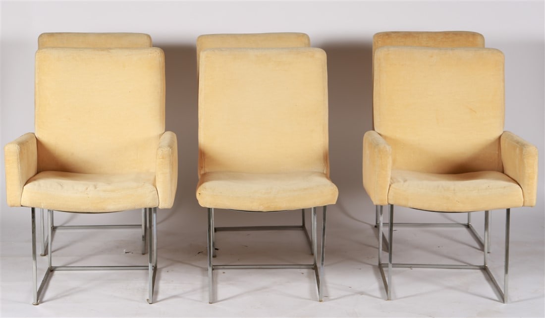 Milo Baughman for Thayer Coggin, 6 Dining Chairs: Milo Baughman (American, 1923-2003). Chromed metal, upholstery. Designed for Thayer Coggin. Height: 36", Length (captain's): 24", Length (side): 17 1/2", Depth: 23". Set of six dining chairs designed
