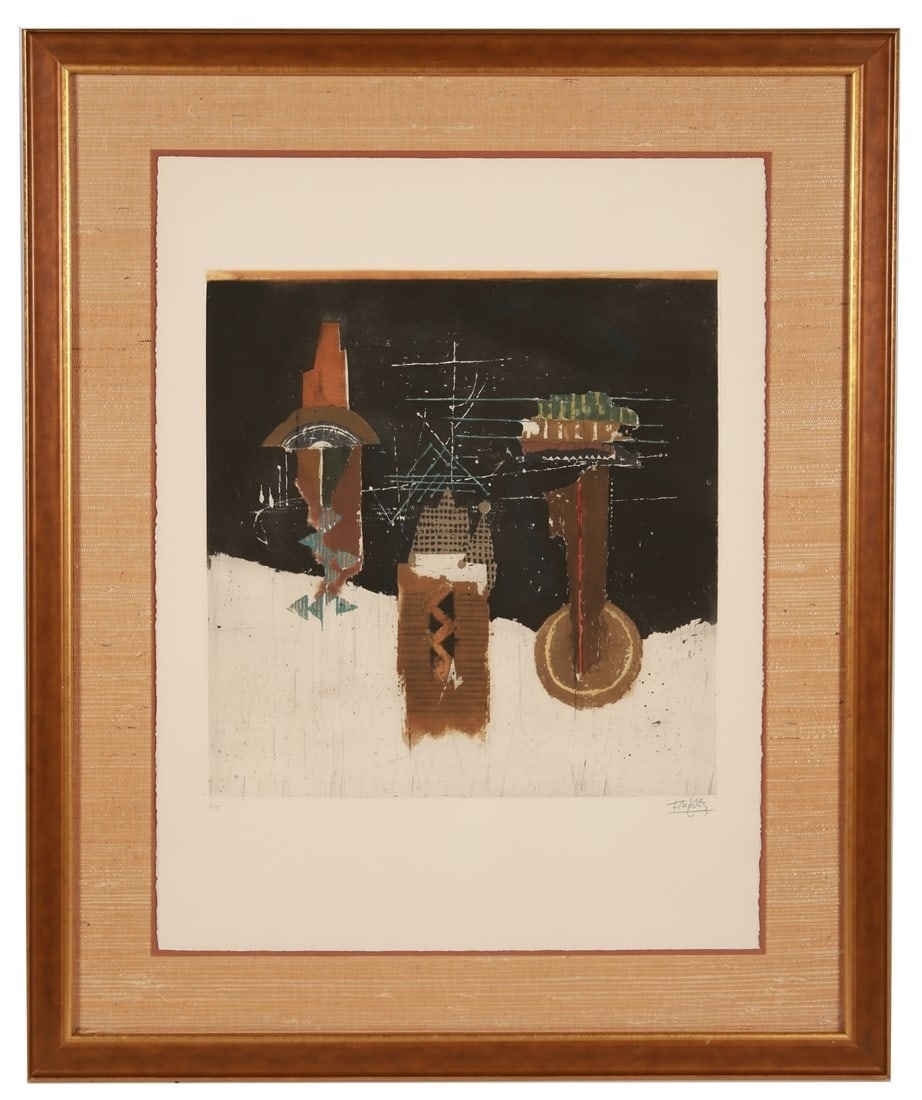 Johnny Friedlaender, Abstract Etching: Johnny Friedlaender (German/French, 1912-1992). Etching. Edition: 86/95. Frame: 39 1/4" x 32". Sheet: 30" x 22 1/2". Etching depicting an abstract composition. Signed lower right, edition lower left.