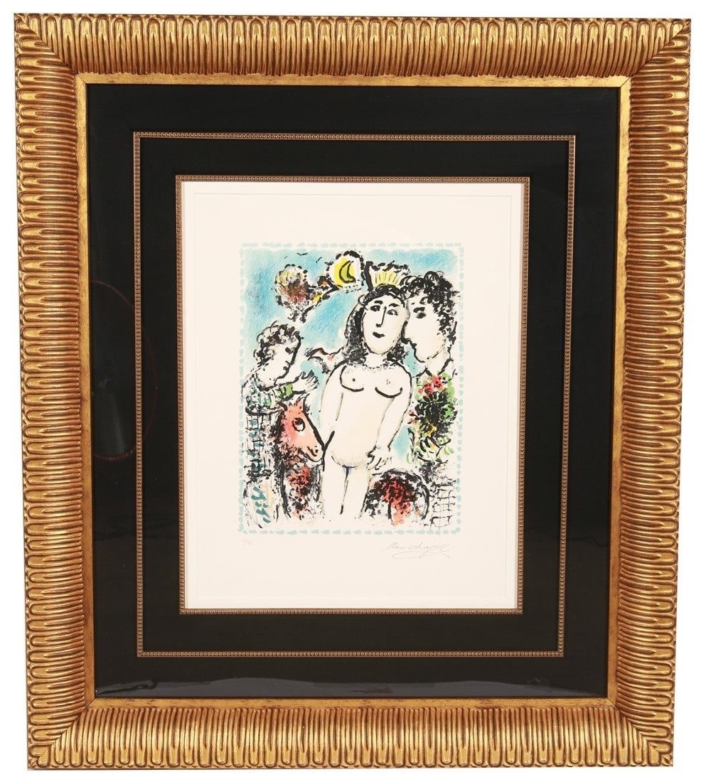 Marc Chagall, "Crowned Nude" Lithograph: Marc Chagall (Russian-French, 1887-1985). "Crowned Nude". Lithograph, 1984. Edition: 9/50. Frame: 41 3/4" x 36 1/2" x 2 3/4". Sight: 22 1/2" x 17". Lithograph depicting a nude woman with a crown surro