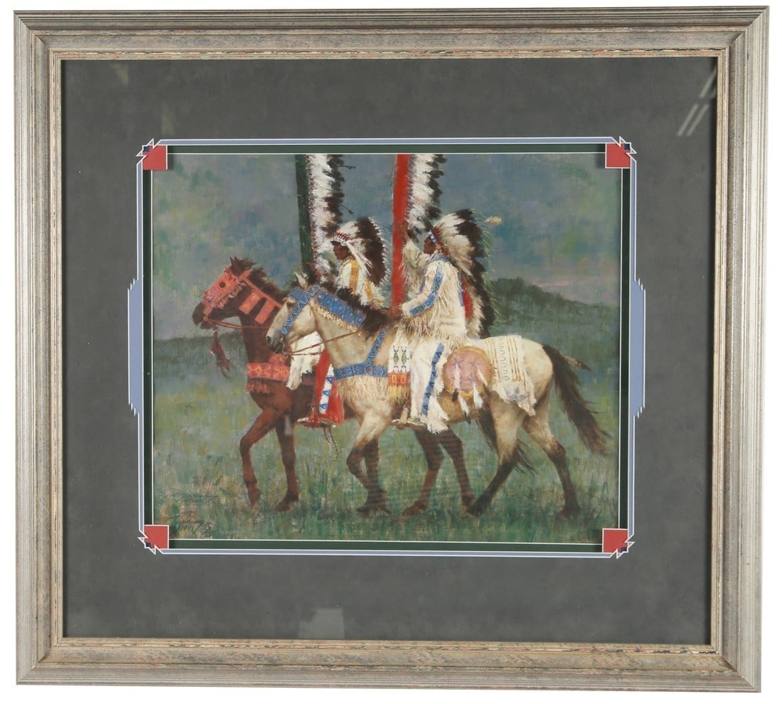 Howard Terpning, "Prairie Knights" Litho: Howard Terpning (American, b. 1927). "Prairie Knights". Lithograph, 1991. Edition: 487/1000. Printed by Greenwich Workshop Fine Art Prints. Frame: 31 1/2" x 34 1/4". Sight: 18" x 21". Lithograph depic